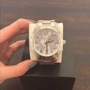 Michael Kors Silver Watch with World Map Design